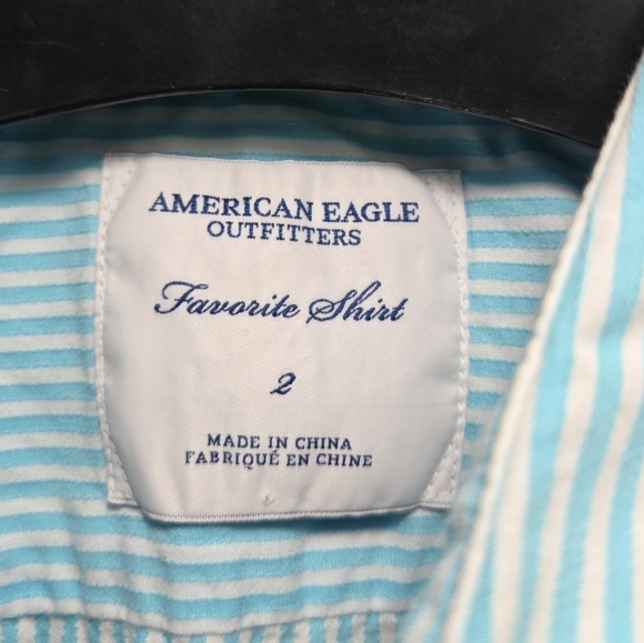 American Eagle Top Womens Size 2 Favorite Shirt Aqua White Striped Button Front - Picture 3 of 7